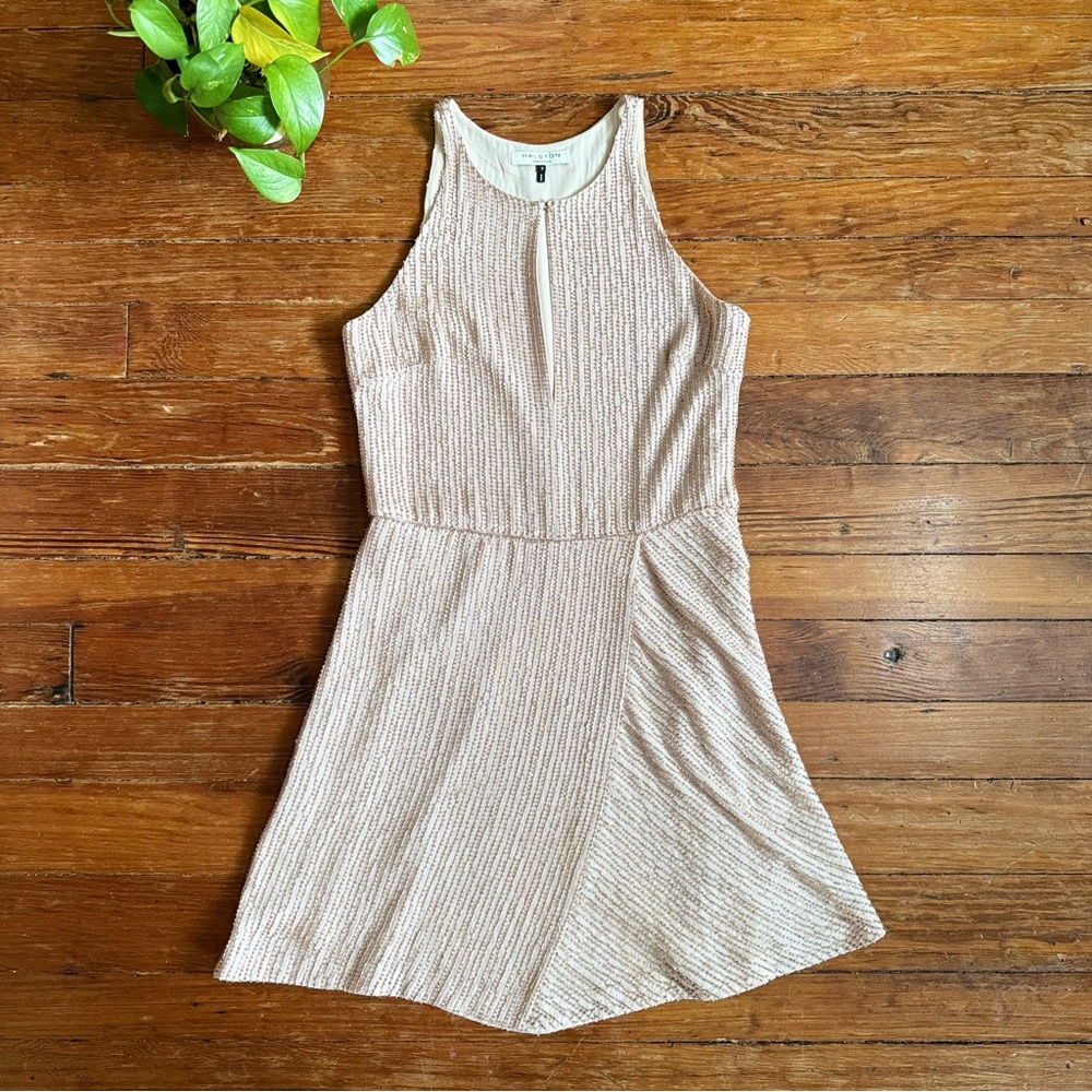 Halston Heritage Beaded Nude Beige Knee Length Cocktail Dress